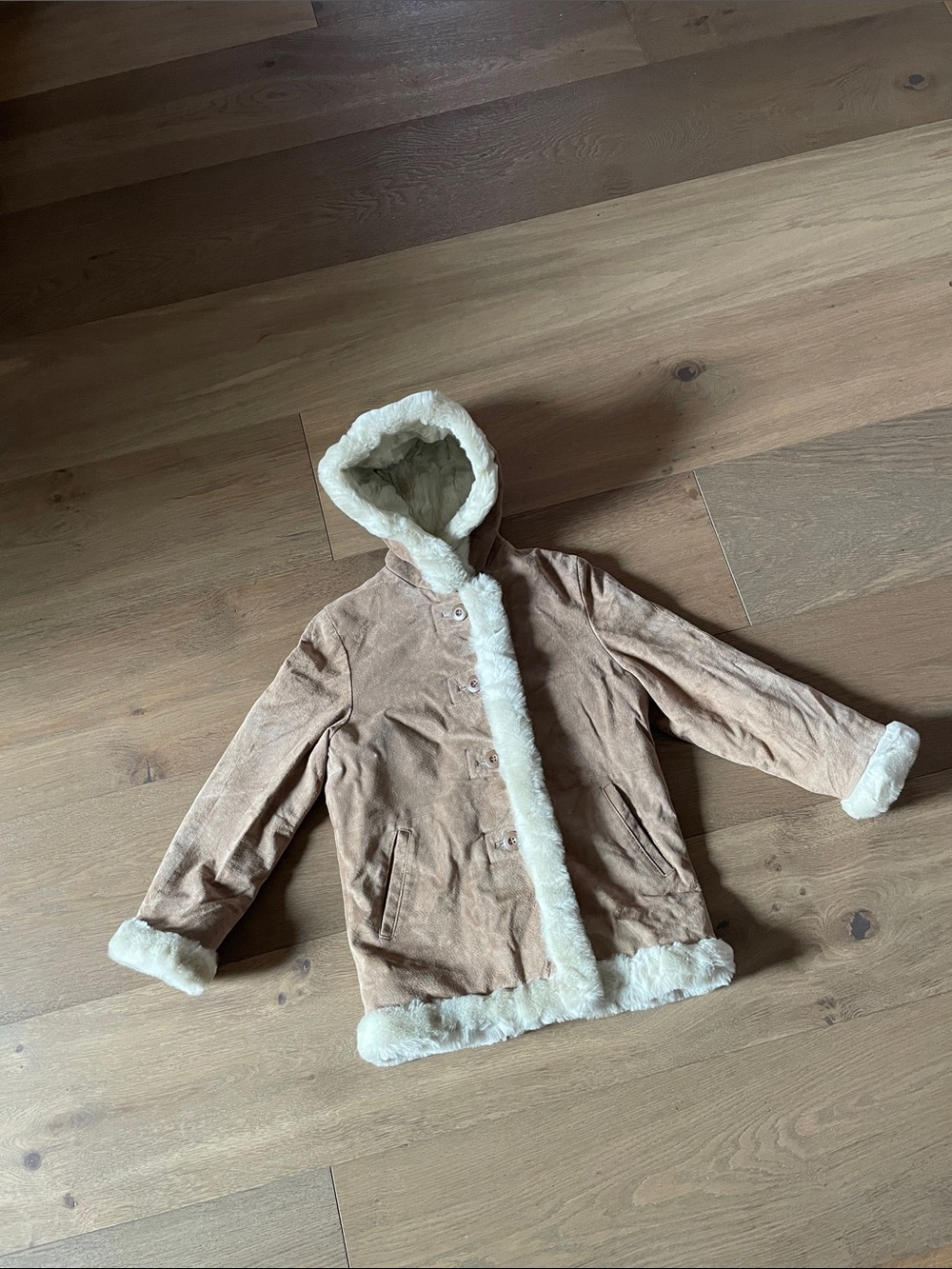 Vtg Wilsons Leather Penny Lane Faux Fur Suede Leather Coat Kids Size L Hooded